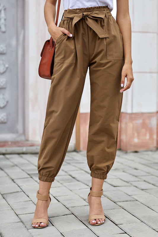 Khaki Solid Color Frock-style Pants with Belt