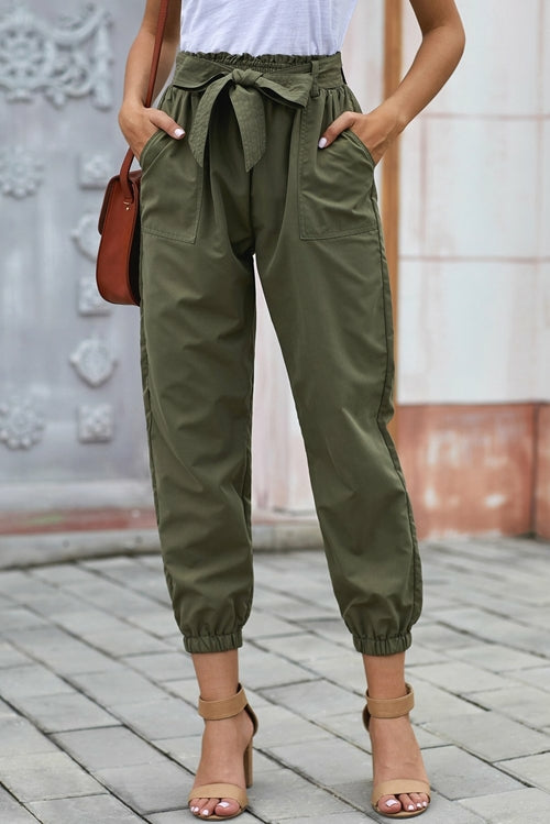 Khaki Solid Color Frock-style Pants with Belt