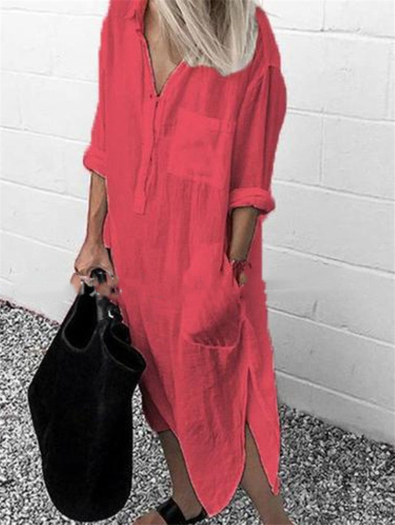 Elegant Solid Color Slit Dress Long Shirt Dress